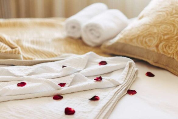 Un lit douillet parsemé de pétales de roses évoque un spa pour un week-end romantique.